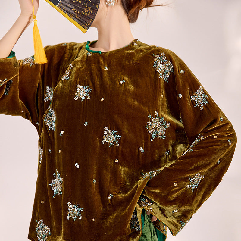 National style retro embroidered sequined shirt women's winter loose age-reducing mulberry silk new Chinese top MY093