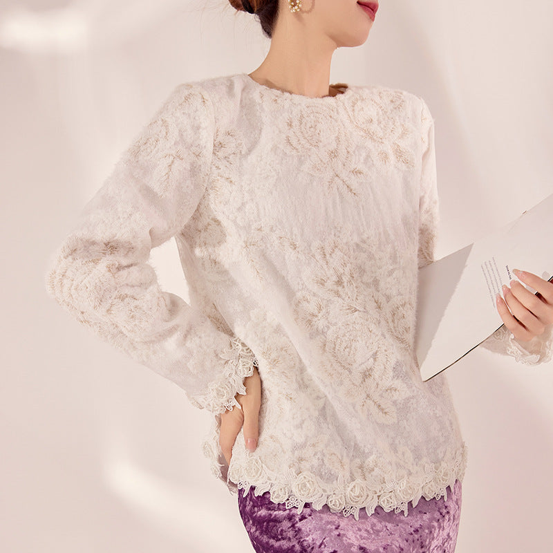 Spring New Versatile New Chinese Lace Top Crew Neck Flower Embroidery Design National Style Shirt MZ056