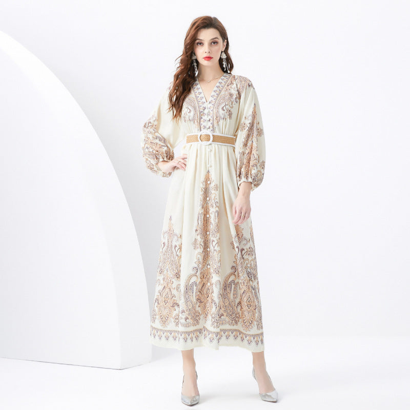 Dinner dress women's style high sense retro court style waist and thin temperament fashion printed dress