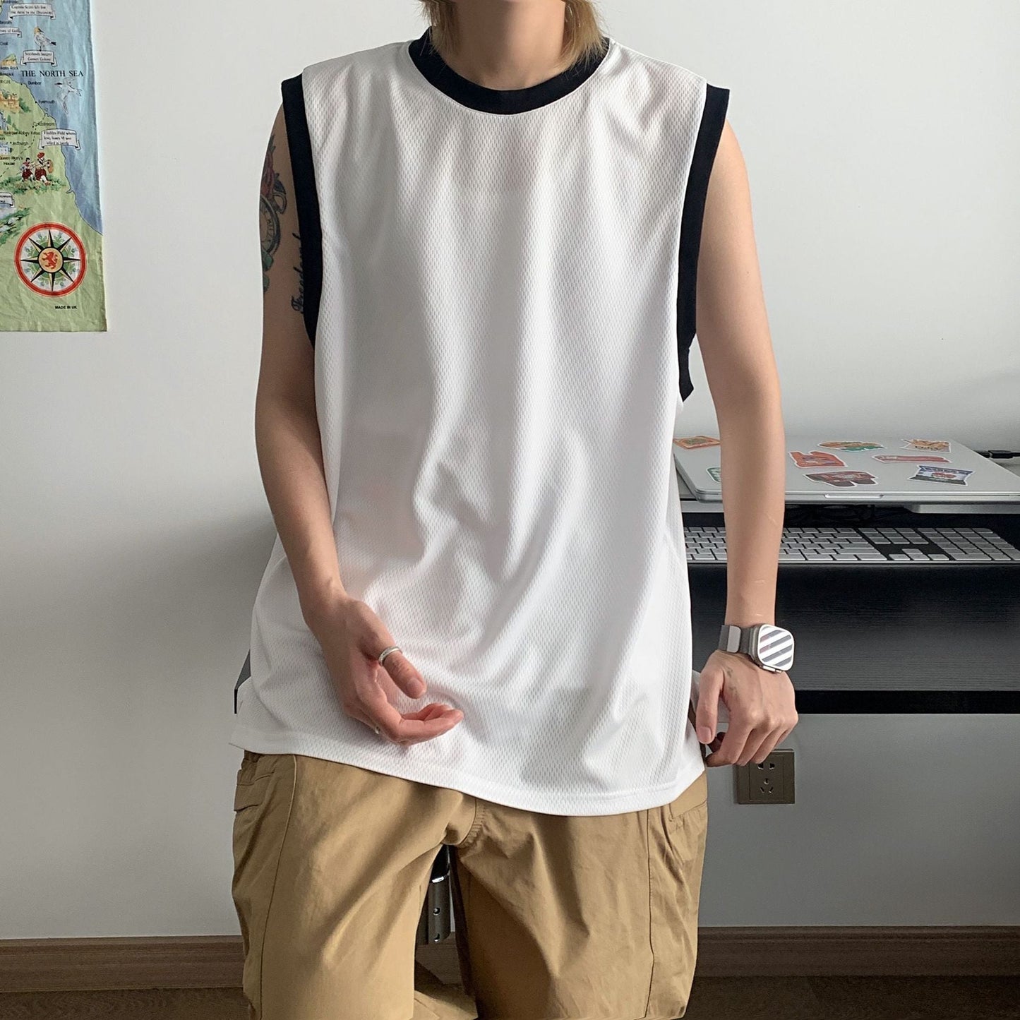 saferido non binary outfits American Retro Contrast Color Vest Loose Couple Sleeveless T-shirt Stacked Item Trendy Simple All-Match Top for Men