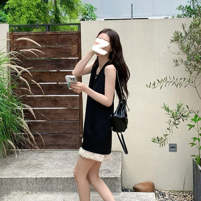 summer new celebrity style solid color ruffle edge sleeveless dress simple light luxury design skirt M5009