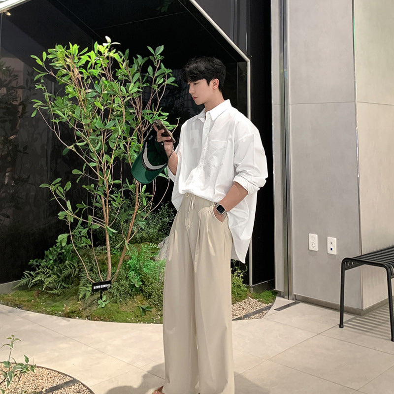 saferido mens fashion Youth White Shirt Men's Spring and Autumn New Korean Style Simple Solid Color Long Sleeve Shirt Loose Lazy Style Cotton