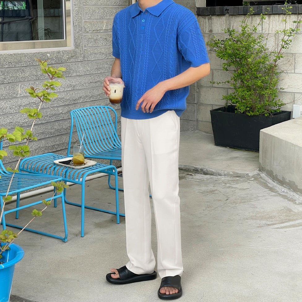 saferido -shop men’s fashion Texture Knitted Polo Shirt Short T Men's Summer Loose Lapel T-shirt Korean Style Trendy Short Sleeve Sweater