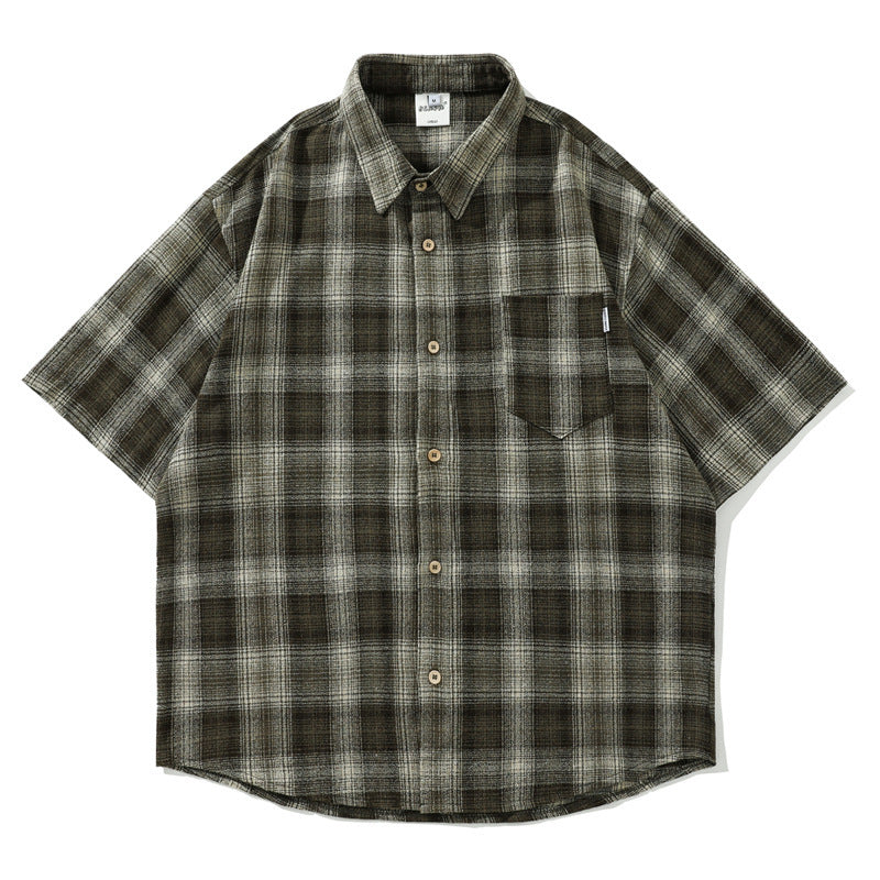 saferido -shop shirt Japanese Style Retro Artistic Youth Plaid Short Sleeve Shirt Men's and Women's Mori Cityboy Profile Half Sleeve Striped Shirt