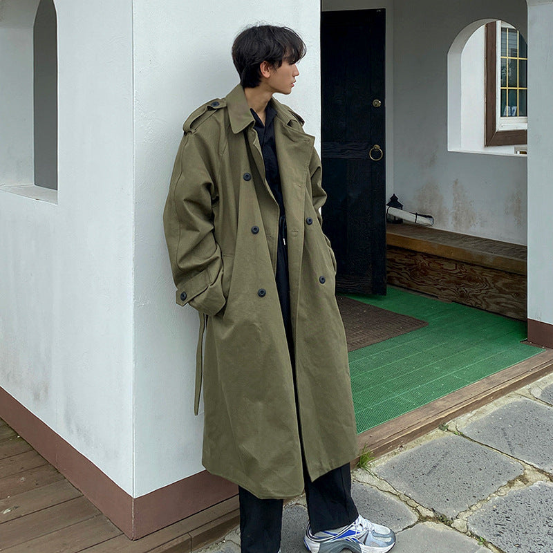 saferido mens fall fashion Long over-the-Knee Army Green Windbreaker Spring Handsome Double-Breasted Thin Overcoat Trendy Cloak Coat for Men