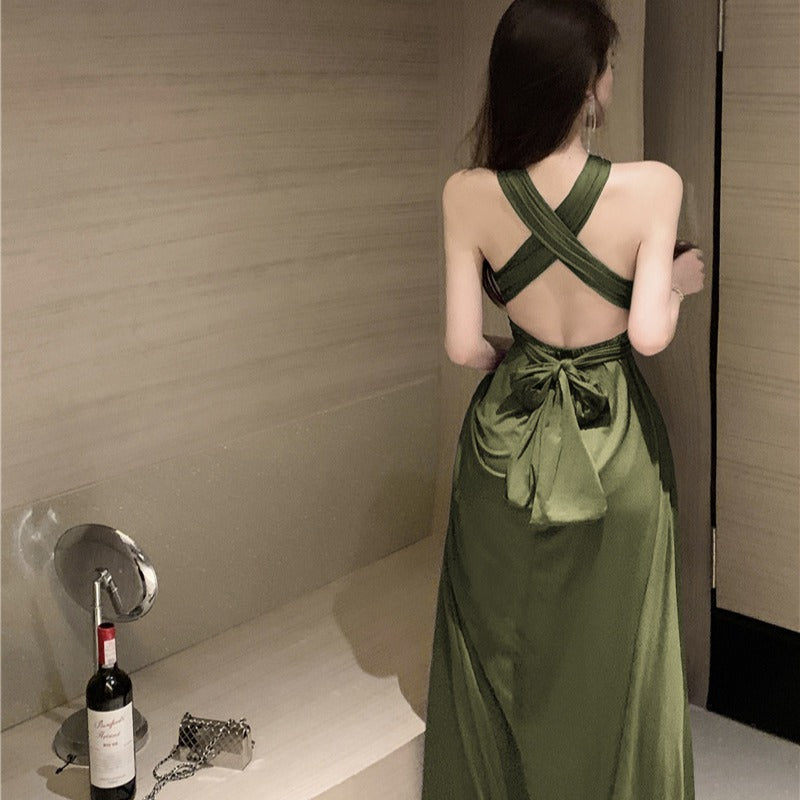 2025 high-end sense high-cold imperial sister style neck dress green evening dress high-end light luxury niche long dress summer