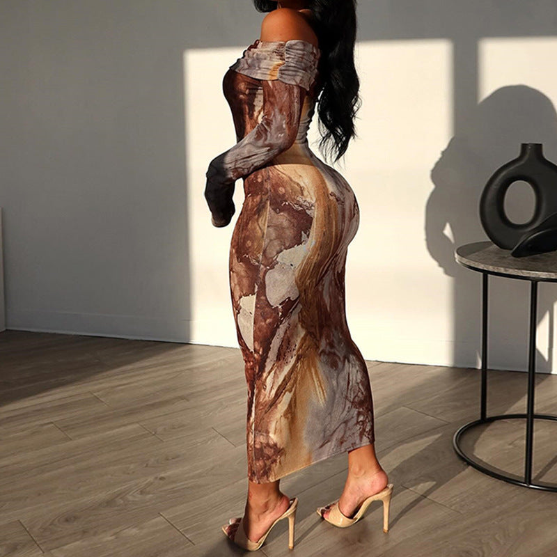 Popular trade 2025 women's clothing independent station popular autumn and winter retro style printing sexy one-word shoulder long-sleeved dress