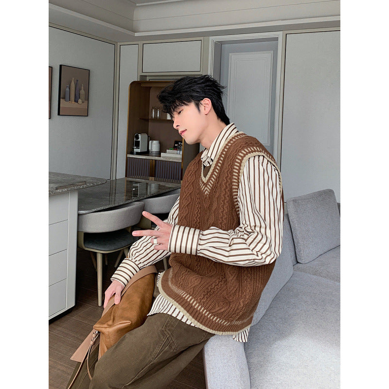 saferido -shop mens fashion Shanlitadi Autumn and Winter College Style Twist Sweater Men's Casual V-neck Vest Sweater Korean Style Loose Waistcoat Top