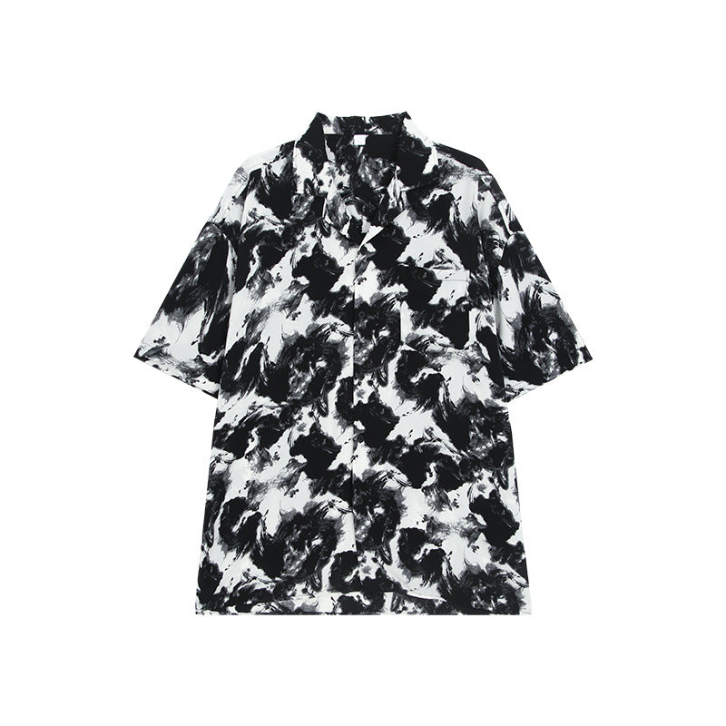 Niche tie-dye contrast color lapel shirt men's summer new loose and handsome short-sleeved drape-free hot-stamping shirt