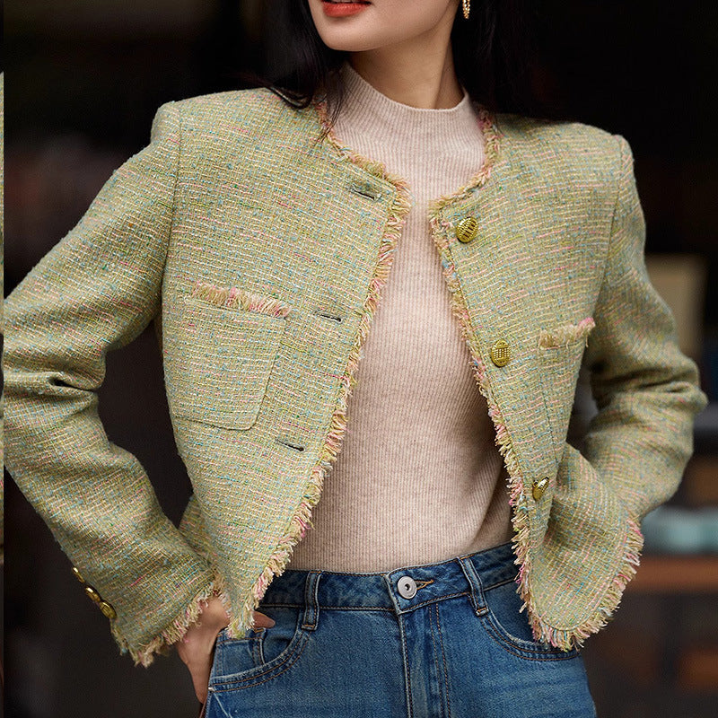 2025 Rough tweed high-end small fragrant short coat green spring new women's temperament versatile top