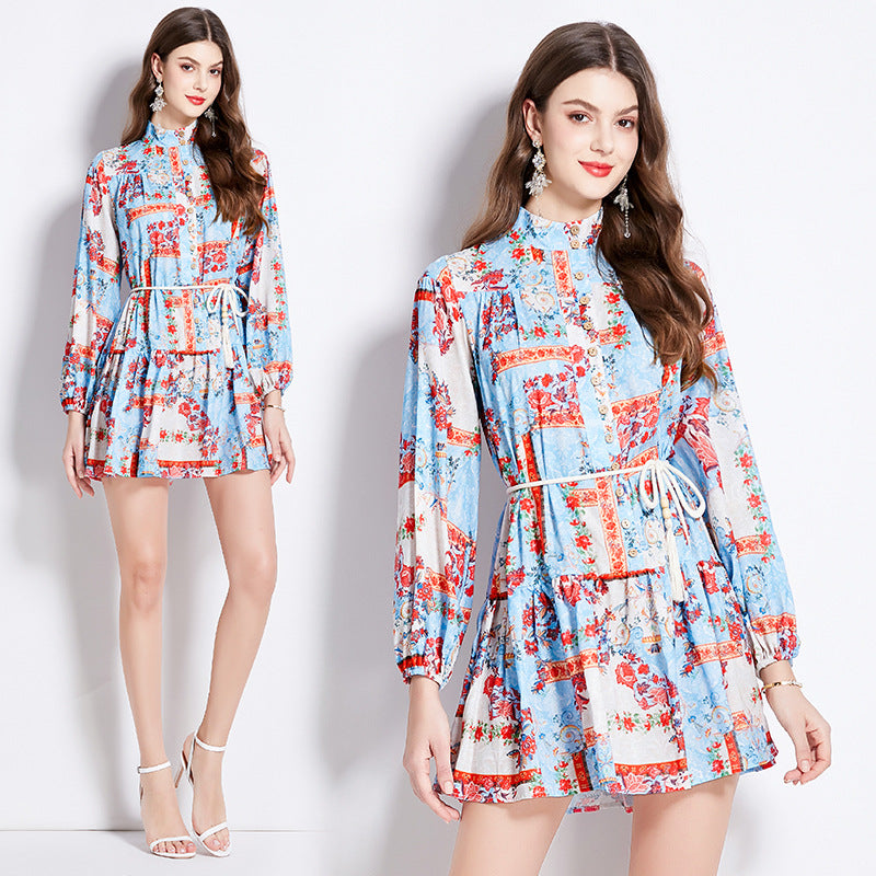 Court style dress Spring dress Women's retro lantern sleeves Lace-up waist thin short ruffle skirt dress