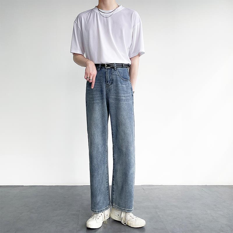 saferido -shop mens outfit inspiration Drop Jeans Men's Retro Distressed Hong Kong Style Loose Straight Pants All-Match Draping