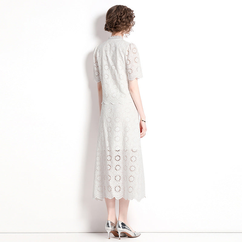 Summer new high-end coffee break skirt lace thin new Chinese improved cheongsam national style set two-piece set