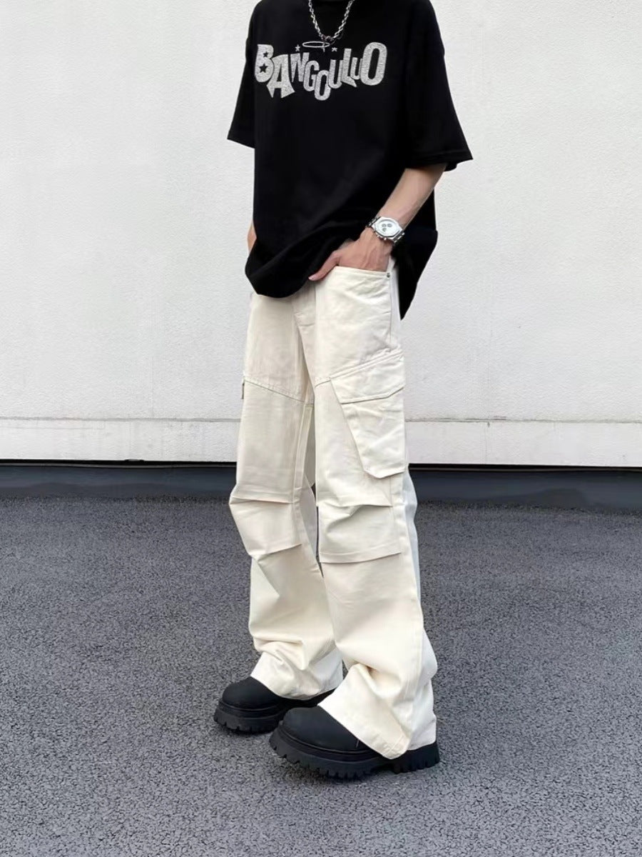 American cleanfit multi-pocket paratrooper overalls men's high street loose pleated design straight casual pants