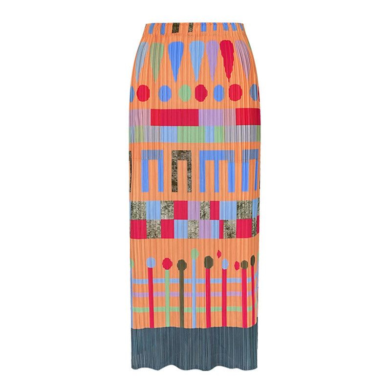 Folded skirt summer new niche printing pleated skirt casual medium and long A word elegant style women's clothing