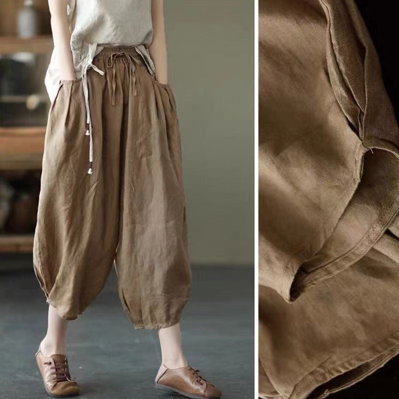 summer new literary and retro casual versatile nine-point pants loose large size thin temperament solid color Harlan pants