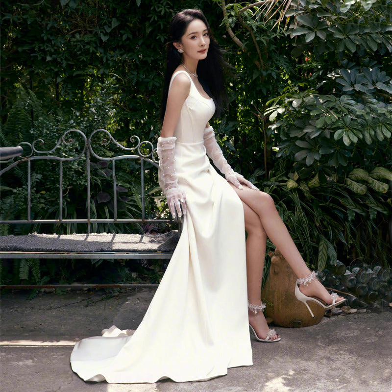 Satin light wedding dress, satin toast dress, bride's wedding dress, fashionable and atmospheric square collar, simple style style