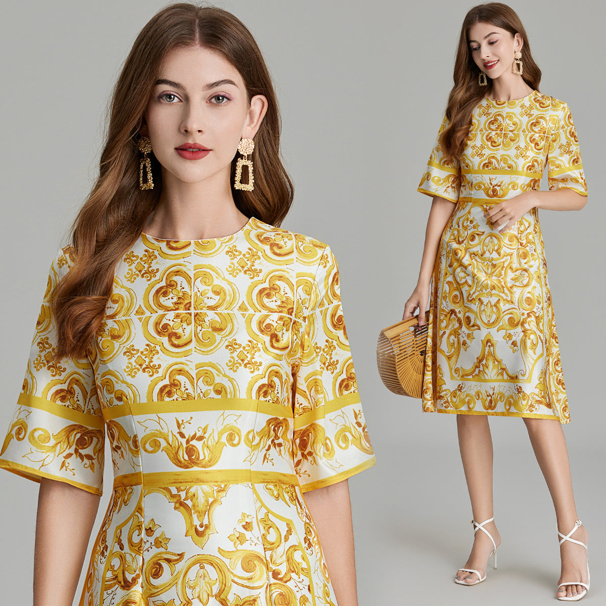 Summer 2025 retro court style temperament short-sleeved round neck waist thin medium and long celadon printed hip-wrapped dress