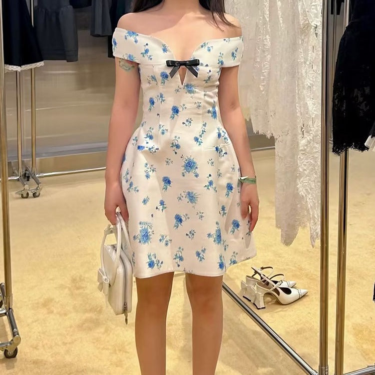 summer new niche design sense pure desire sexy style one-word shoulder bow dress children M1004