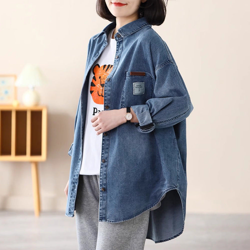 autumn new denim shirt jacket women's POLO collar casual literary age reduction loose and thin large size shirt