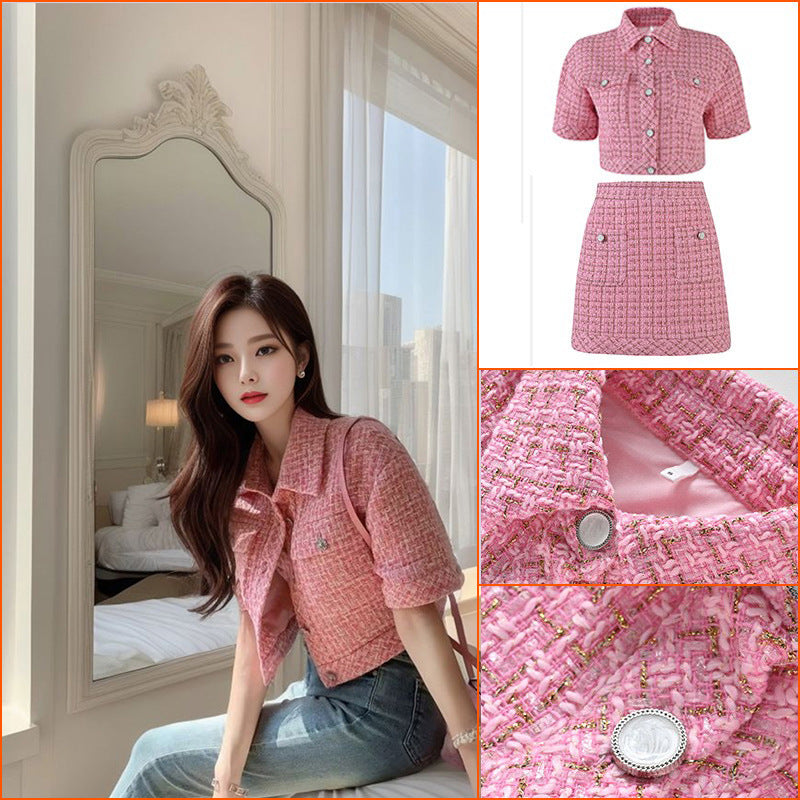 24 Spring and summer new pink tweed suit skirt small short coat high waist skirt two-piece set L1064