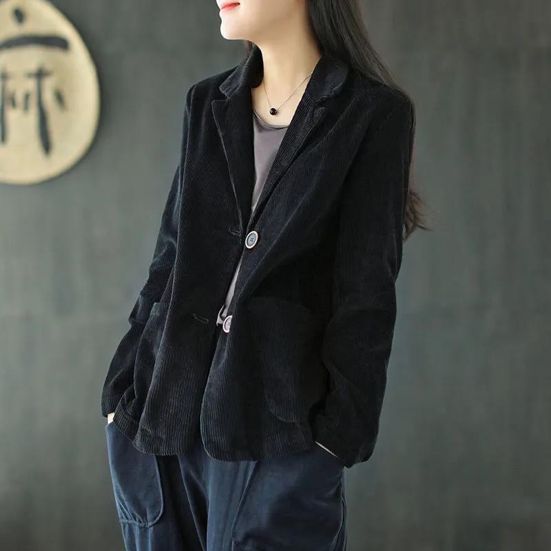 large size corduroy suit collar short jacket women's autumn new long-sleeved literary and retro casual jacket top