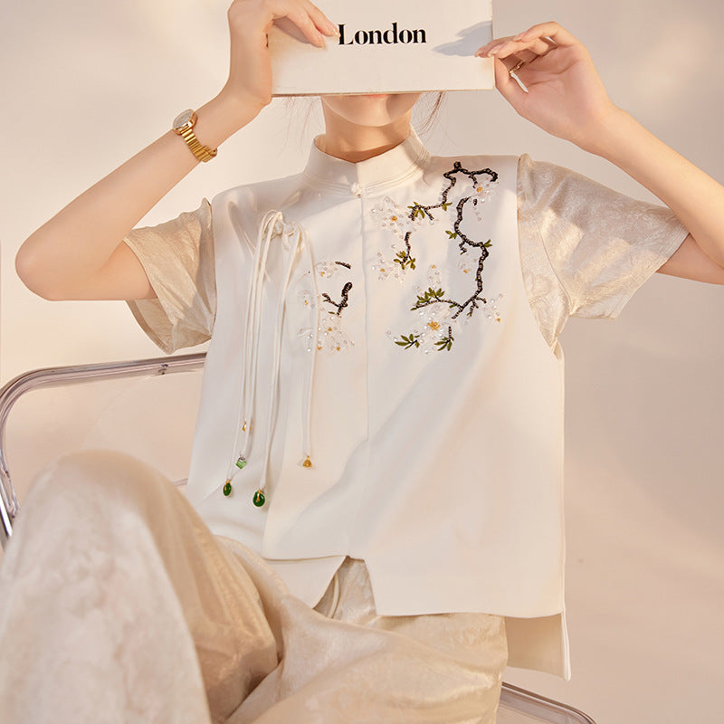 New Chinese style new stand-up collar vest women's casual versatile heavy industry flower embroidered buckle vest jacket women M6036