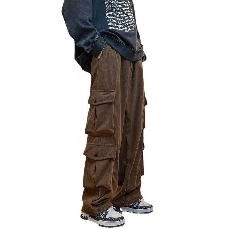 saferido      -shop grunge outfits Corduroy Multi-Pocket Overalls Men's Spring and Autumn American Straight Pants Men's Loose Casual Wide-Leg Pants