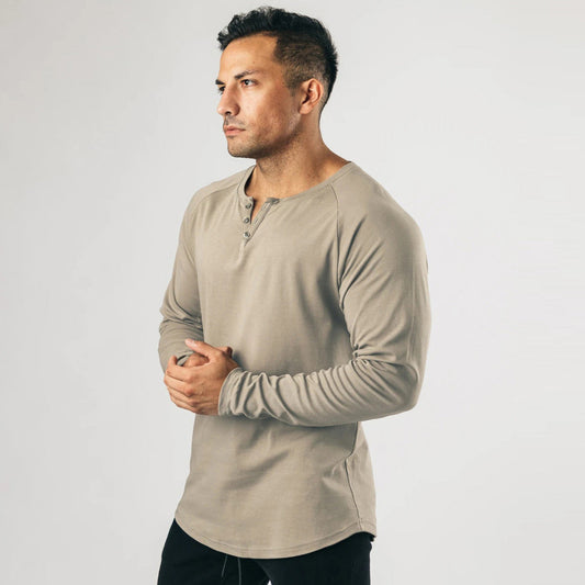 saferido      -shop men’s fashion Retro Henley Shirt Long-Sleeved T-shirt Solid Color Sports Fitness Bottoming Shirt Men's Cotton Stretch Thin V-neck Cardigan