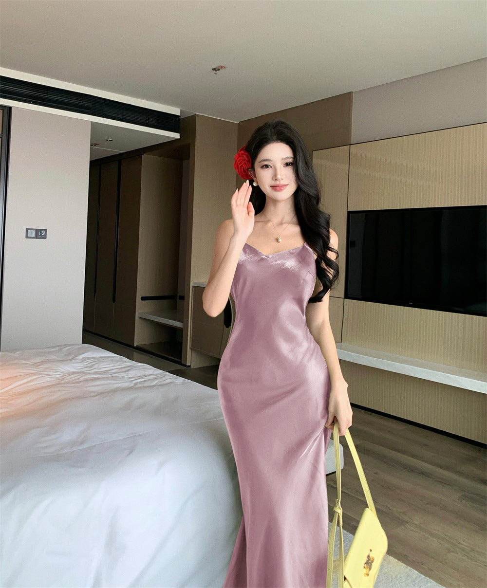 2025 vacation style fish tail hip dress women's summer pendant feeling slim suspender skirt temperament banquet dress skirt