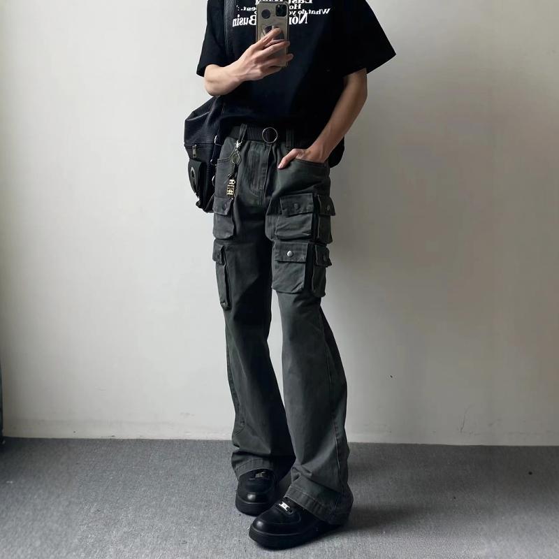 saferido masc outfits American-Style Three-Dimensional Multi-Pocket Casual Pants Men's Straight Micro-Pull Cleanfit Pants Vibe Washed Overalls Long Pants