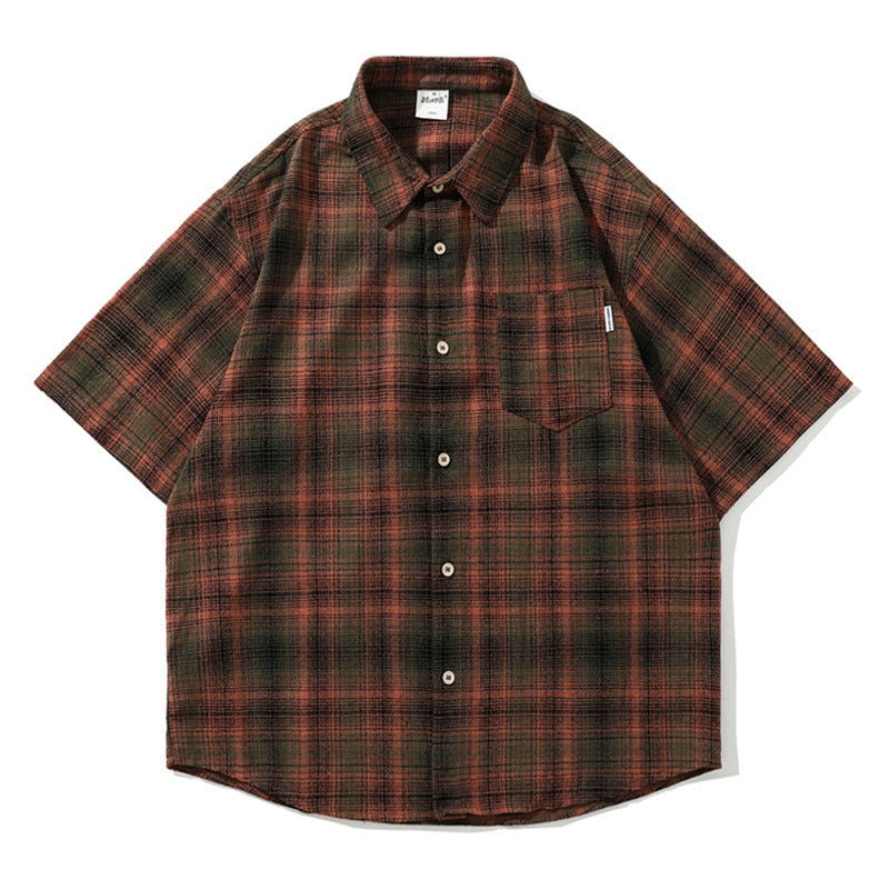 saferido -shop shirt Japanese Style Retro Artistic Youth Plaid Short Sleeve Shirt Men's and Women's Mori Cityboy Profile Half Sleeve Striped Shirt