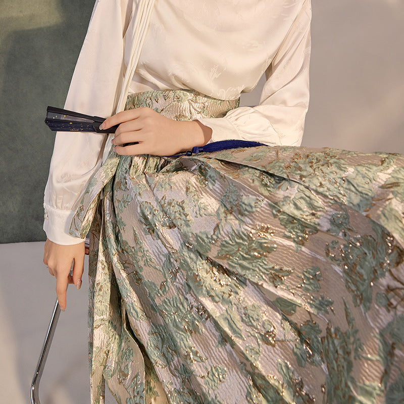New Chinese style satin design top jacquard horse skirt high-end temperament shirt set LZ555