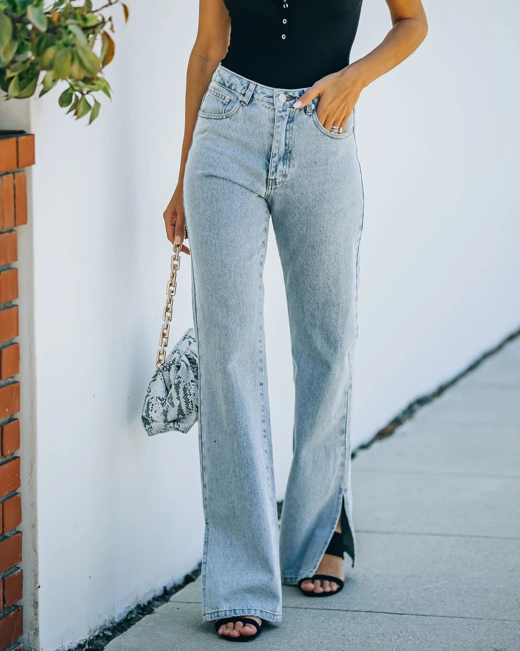 2025 autumn new washed solid color split end Internet celebrities strictly selected mid-waist temperament denim trousers casual pants