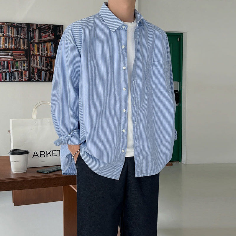 saferido -shop 90s fashion men Myq Blue Striped Shirt Men's Autumn New Korean Style Loose Long Sleeve Shirt High-Grade Shirt