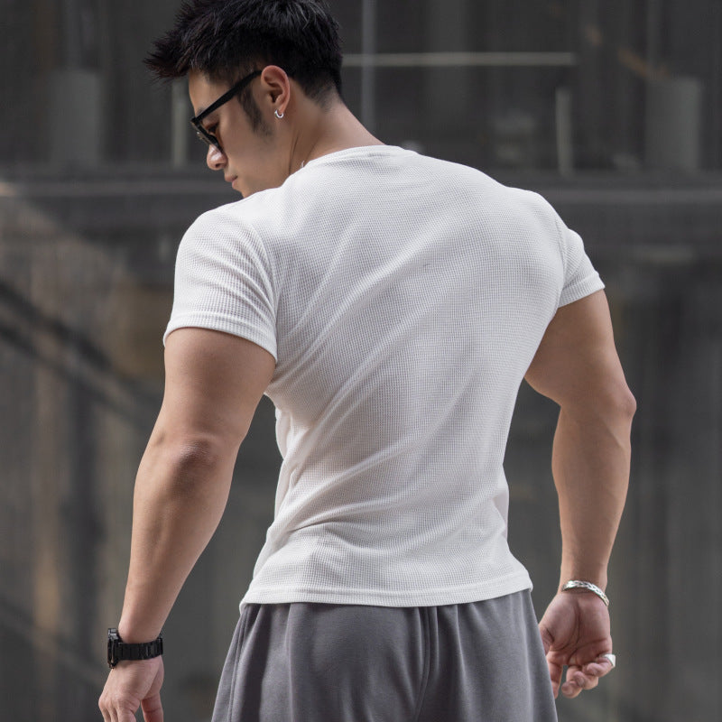 saferido -shop masculine men American-Style Thickened Fitness Men's Summer round Neck Short Sleeve Stretch Slim Fit Sports Trendy Bodybuilding Outdoor Quick-Drying T-shirt