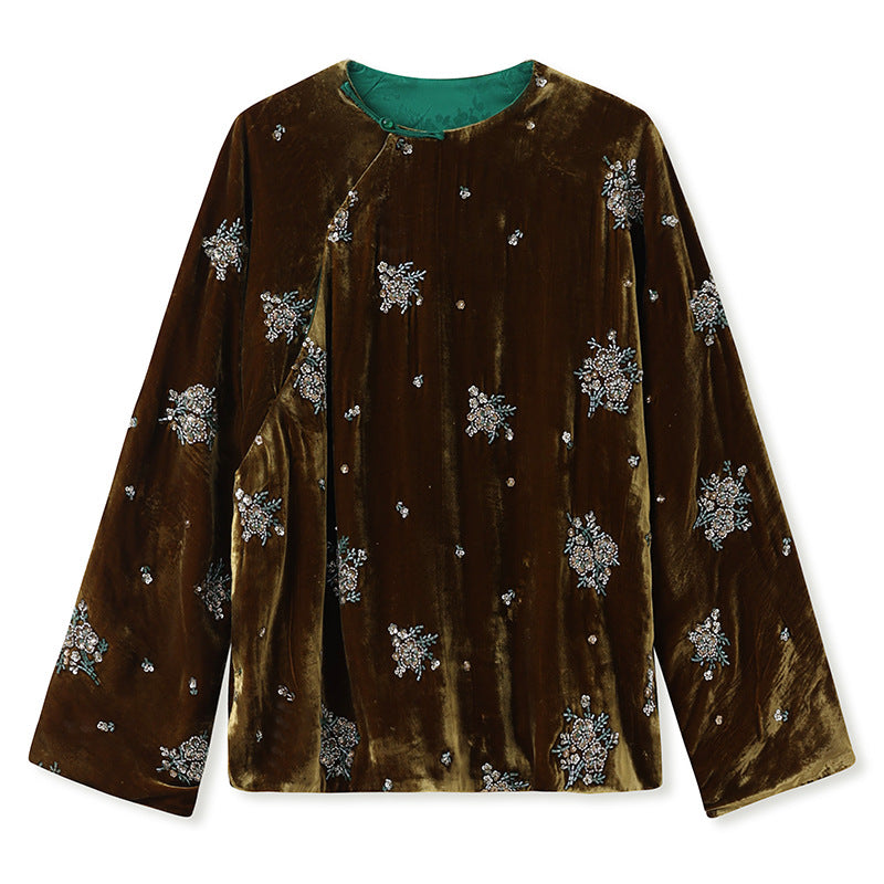 National style retro embroidered sequined shirt women's winter loose age-reducing mulberry silk new Chinese top MY093