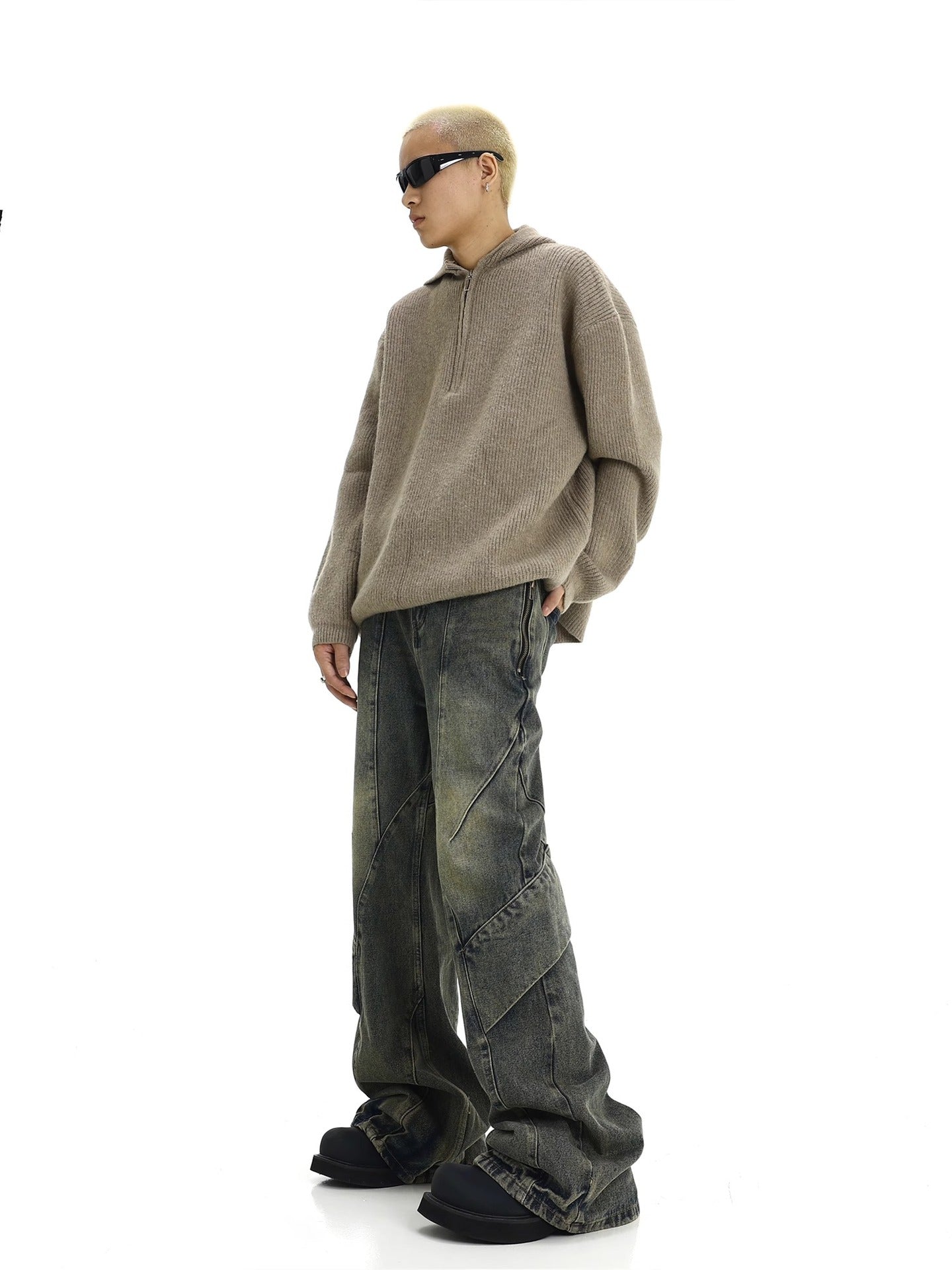 American retro distressed yellow mud washed jeans for men high street design splicing irregular drape flared pants