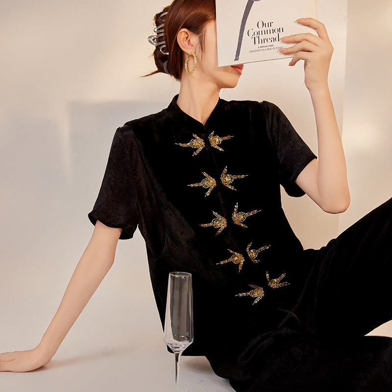 new national style sequins simple vest new Chinese temperament design sense light luxury solid color top women M6043