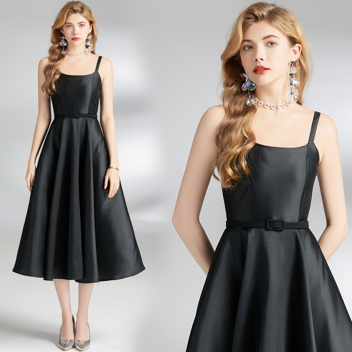 Vintage Hepburn style strap skirt, high-end design, waist and thin medium and long A-shaped fluffy dress