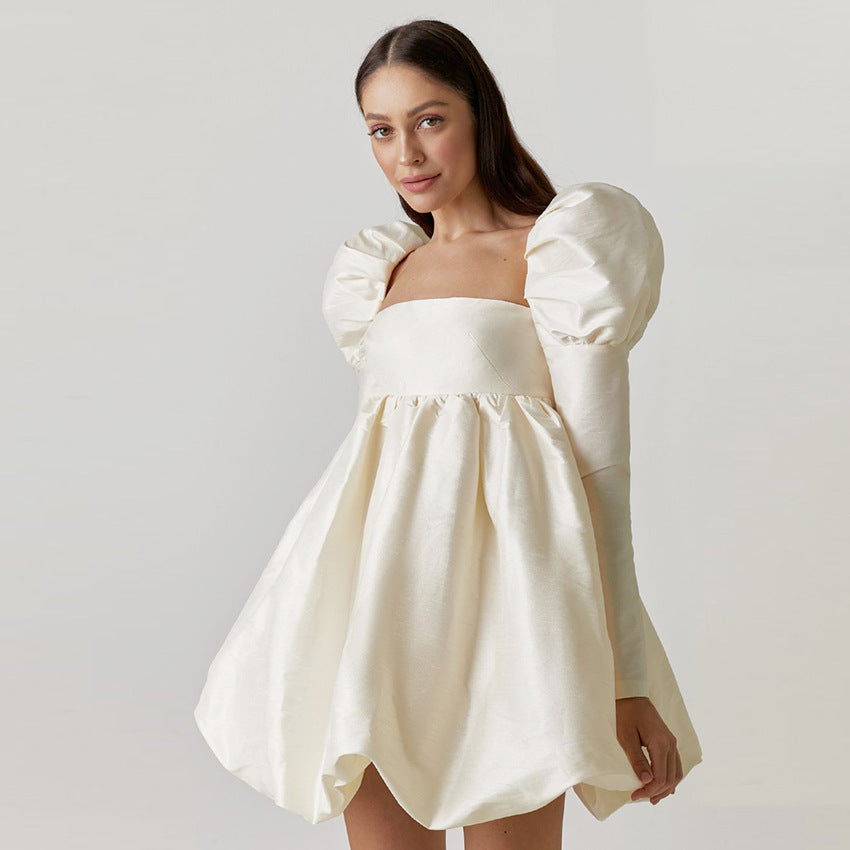 2025 Autumn Bubble Sleeve Satin Satin Princess Dress Small Dress Long Sleeve Square Neck Court Style Dress Women