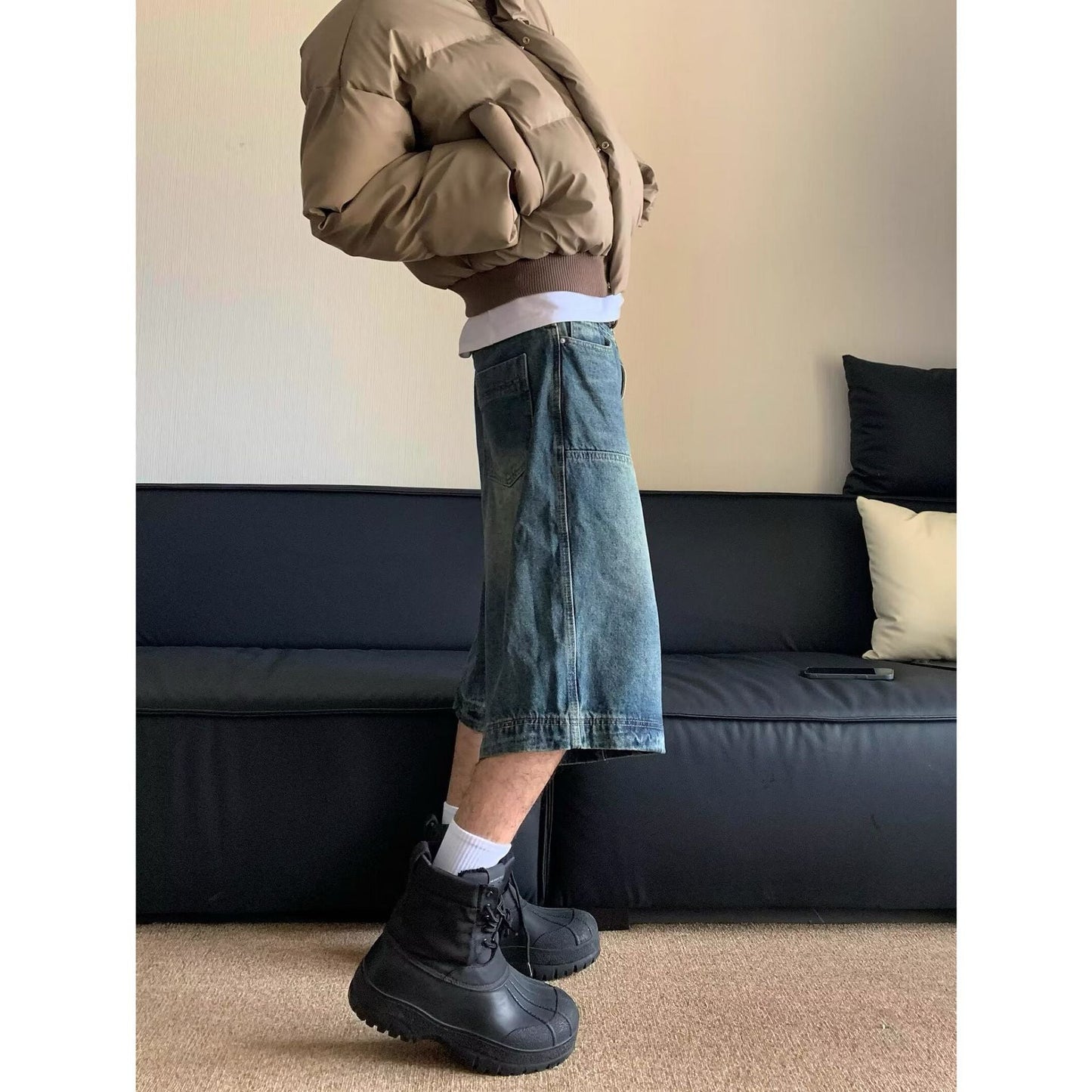 saferido 90s streetwear American-Style Retro Washed High Street Stitching Denim Shorts Men's and Women's Summer Wide-Leg Distressed Casual All-Match Cropped Pants