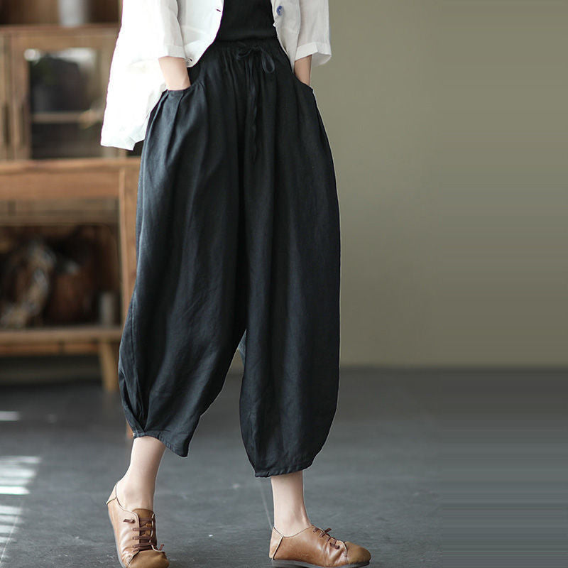 summer new literary and retro casual versatile nine-point pants loose large size thin temperament solid color Harlan pants