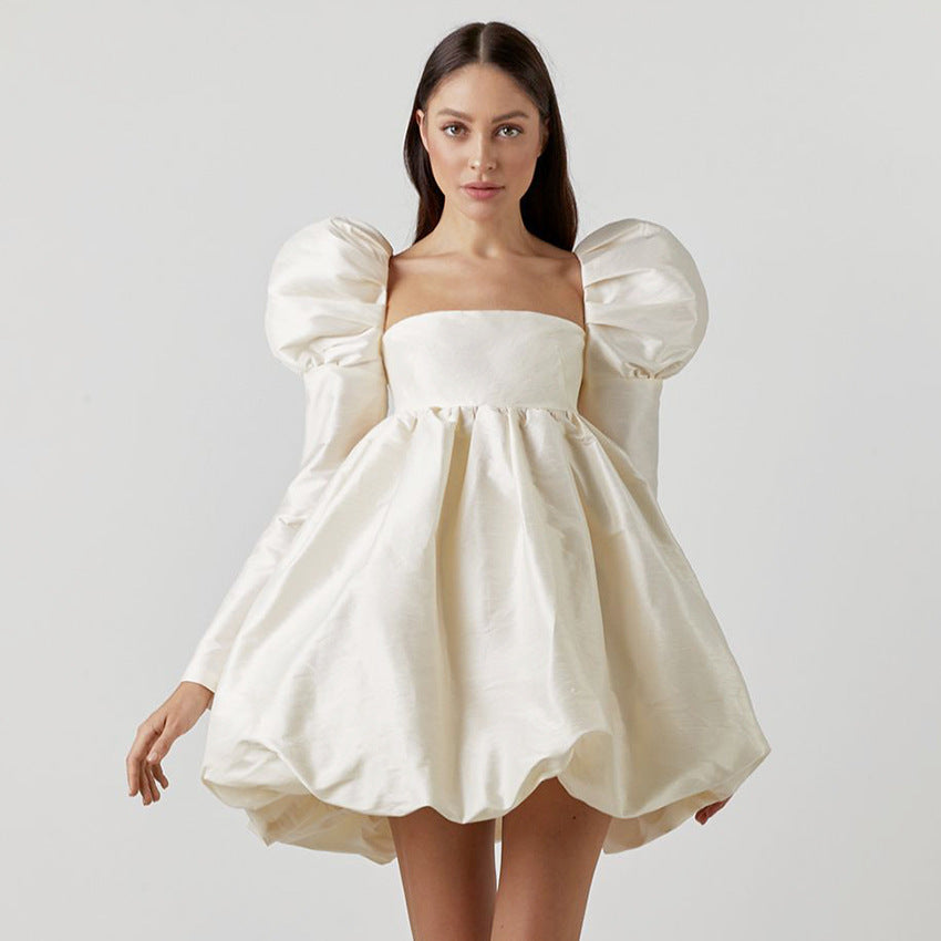 2025 Autumn Bubble Sleeve Satin Satin Princess Dress Small Dress Long Sleeve Square Neck Court Style Dress Women