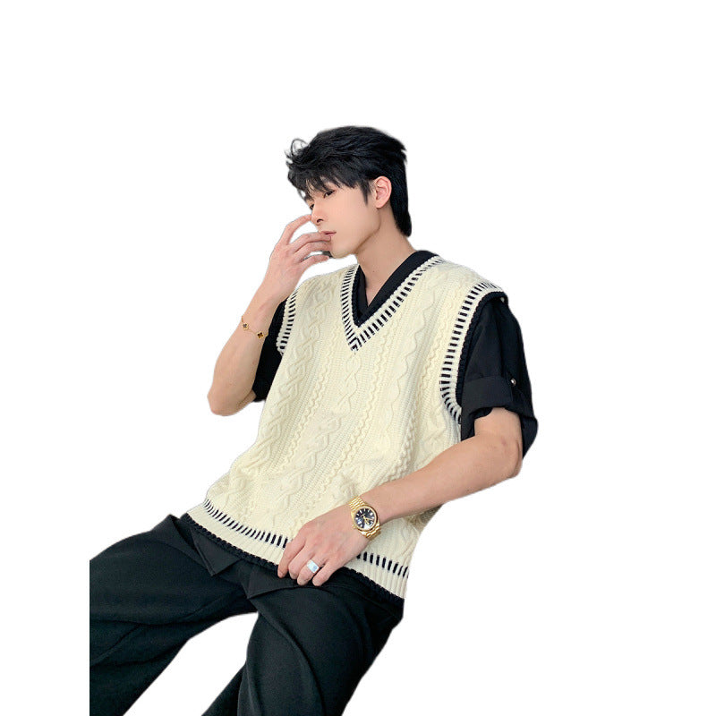 saferido -shop mens fashion Shanlitadi Autumn and Winter College Style Twist Sweater Men's Casual V-neck Vest Sweater Korean Style Loose Waistcoat Top