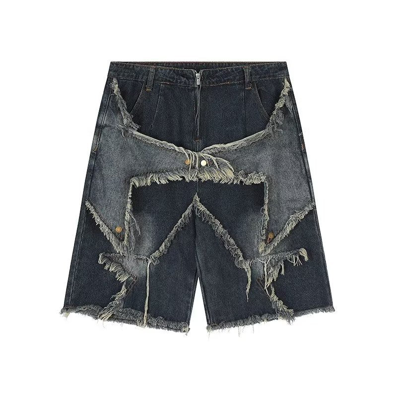 saferido skater boy outfits American-Style Retro Multi-Pocket Star Frayed Jeans Men's and Women's Loose Washed Distressed Wide-Leg Pants Summer