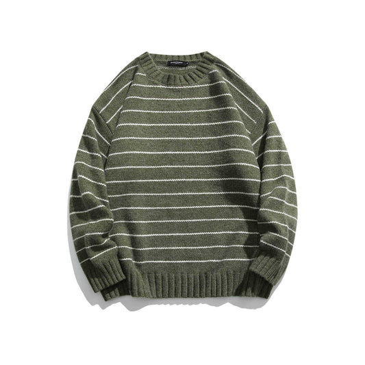 saferido      -shop boy outfits Men's American Autumn New Striped Thickened Sweater Loose round Neck Pullover Sweater