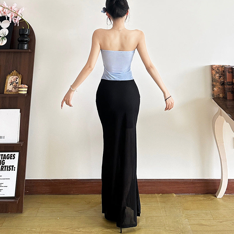 2025 style 2025 spring new women's clothing chest-wrapped mesh see-through navel vest waist-wrapped hip skirt