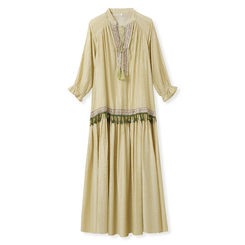 National style retro ethnic style design long dress summer webbing drawstring high-end light luxury dress women N4080