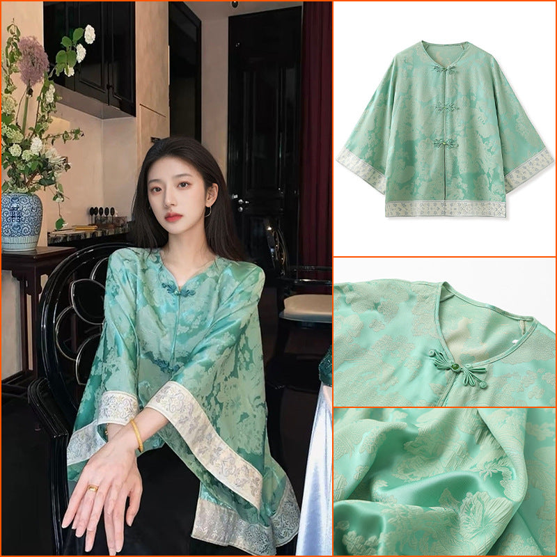 spring new Chinese style printed shirt retro celebrity temperament light luxury loose top M5007